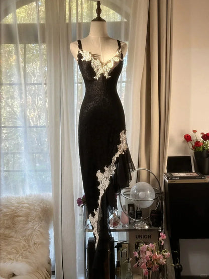 Sexy Sheath Spaghetti Strap Ruffle Appliques Lace Chiffon Party Dress Evening Dress SH2881