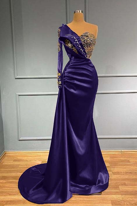 Dark Blue Long Sleeve One Shoulder Mermaid Prom Dress With beads