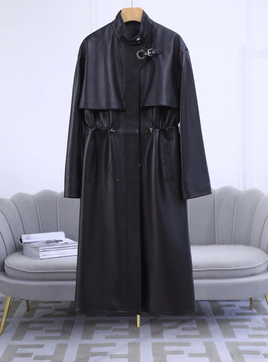 HERMES 25S LONG LEATHER JACKET WITH DRAWSTRING WAIST 170