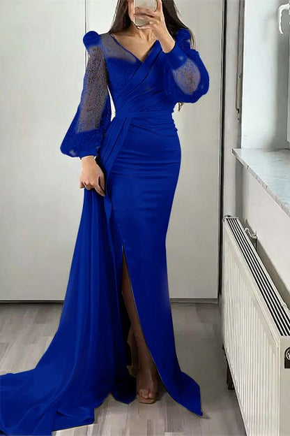 V-Neck Long Sleeves Sequins Mermaid Split Evening Dress With Ruffle