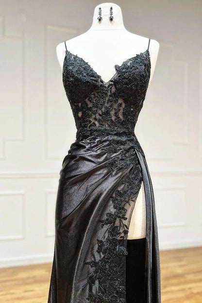 Black V Neck Spaghetti Strap Sleeveless Long Split Prom Dress with Embroidered