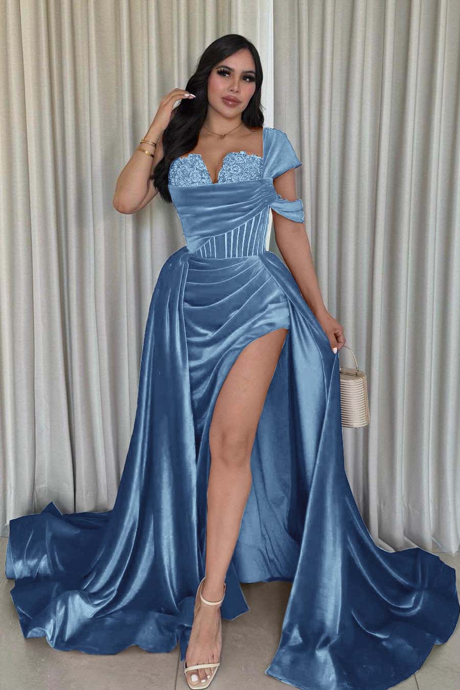 Glamorous Velvet One Shoulder Sleeveless Long Pleated Prom Dress with Split