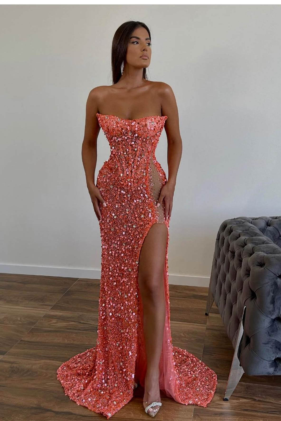 Gorgeous Sequins Mermaid Sweetheart Prom Dress Slit With Sleeveless Orange