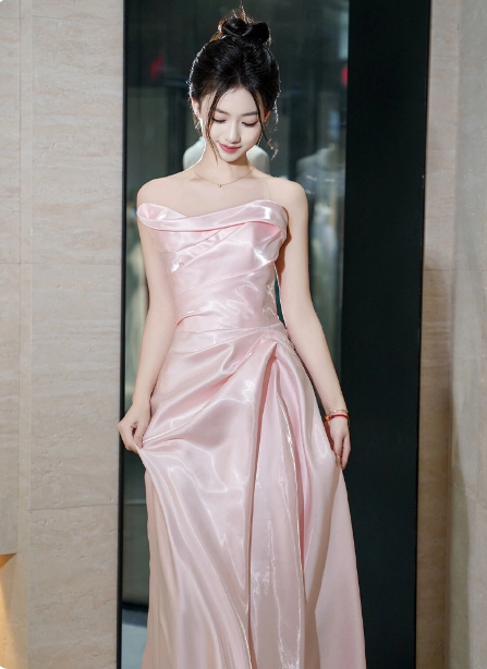 Elegant Pink Strapless Ruffled Satin Long Prom Dress Evening Dress Bridesmaid Dress P4440