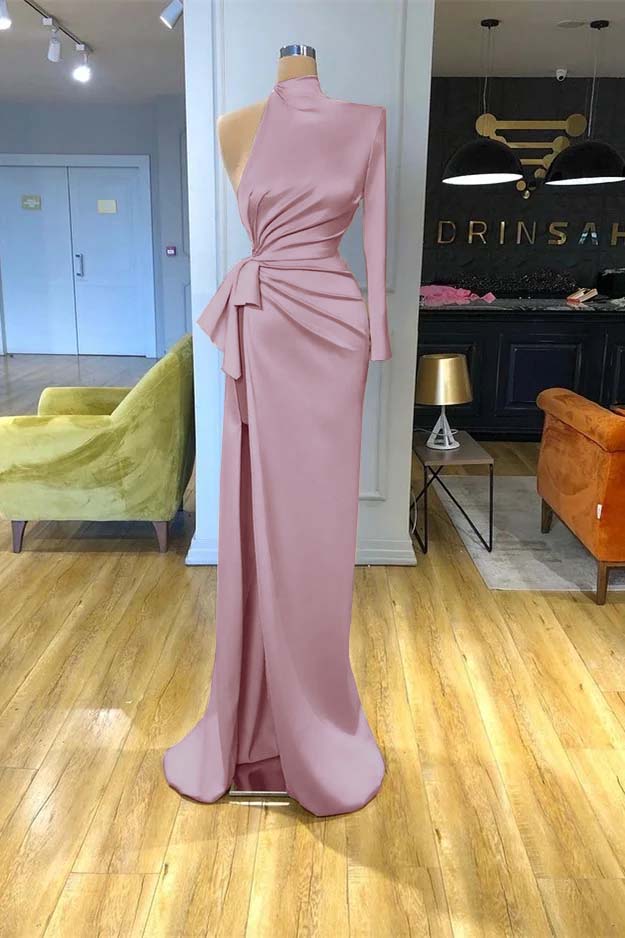 High Neck Champagne Mermaid Prom Dress Long Sleeves Split
