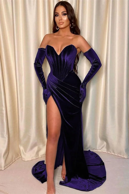 Mermaid V-Neck Evening Dress With Gloves Front Split Dark Green