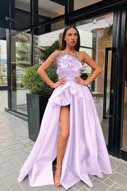 Long Black Prom Dress Slit With Feather