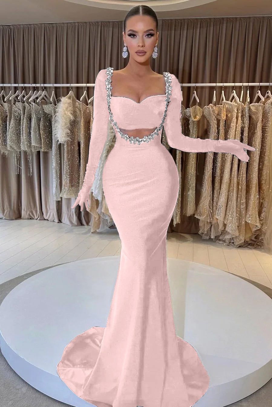 Black Long Sleeve Beaded Charming Mermaid Prom Dress With Gloves