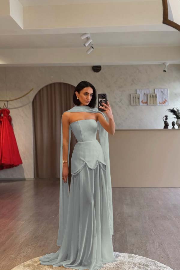Glamorous White Satin Sleeveless Strapless Long Pleated Prom Dress with Beadings