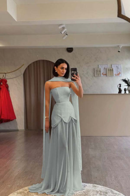 Glamorous White Satin Sleeveless Strapless Long Pleated Prom Dress with Beadings