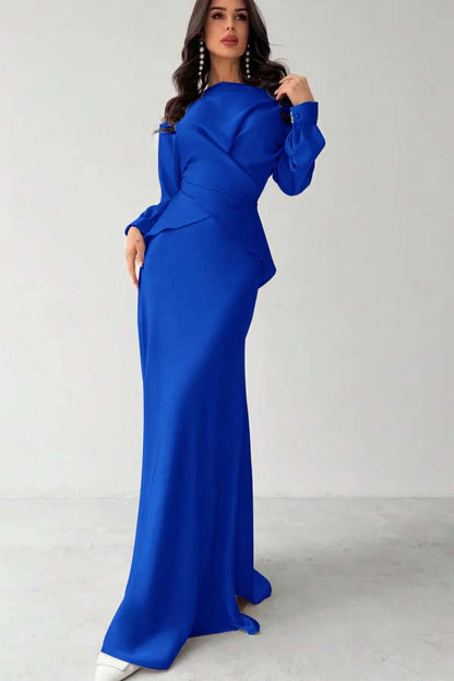 Glamorous Champagne Satin Long Sleeves Jewel Neck Slim Prom Dress