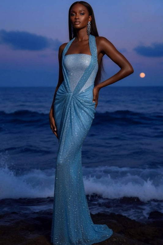 Luxury Mermaid Halter Strap Sleeveless Beaded Long Dress with Sequins