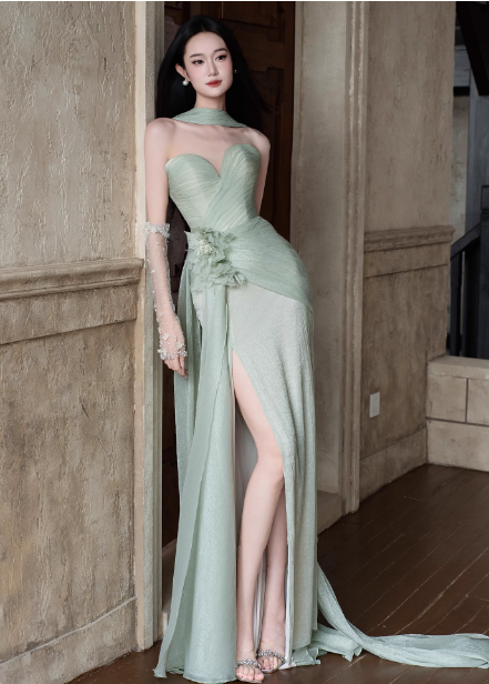 Elegant Light Mint Green Sweetheart Neck 3D Floral Split Chiffon Prom Dress Evening Dress P4446