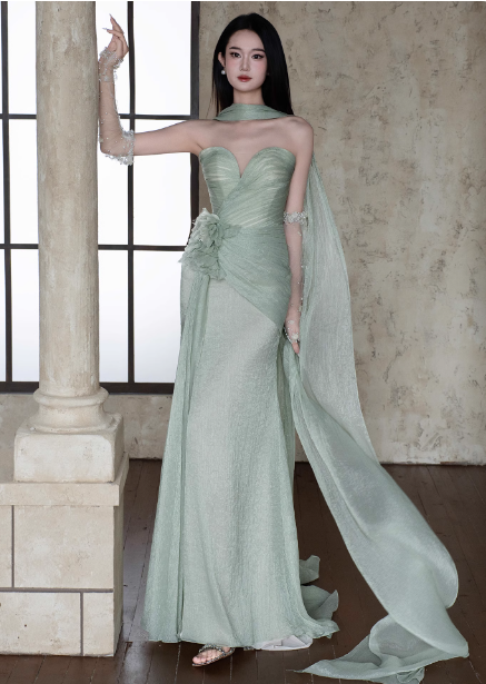 Elegant Light Mint Green Sweetheart Neck 3D Floral Split Chiffon Prom Dress Evening Dress P4446