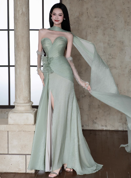 Elegant Light Mint Green Sweetheart Neck 3D Floral Split Chiffon Prom Dress Evening Dress P4446