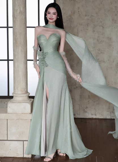 Elegant Light Mint Green Sweetheart Neck 3D Floral Split Chiffon Prom Dress Evening Dress P4446