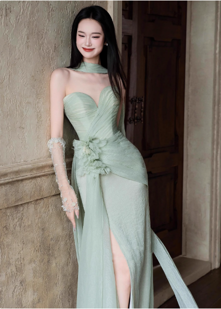 Elegant Light Mint Green Sweetheart Neck 3D Floral Split Chiffon Prom Dress Evening Dress P4446