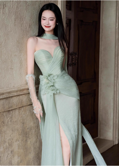 Elegant Light Mint Green Sweetheart Neck 3D Floral Split Chiffon Prom Dress Evening Dress P4446