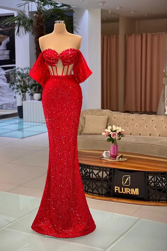 Red Sleeveless Off-Shoulders Mermaid Sequins Beads Prom Dress