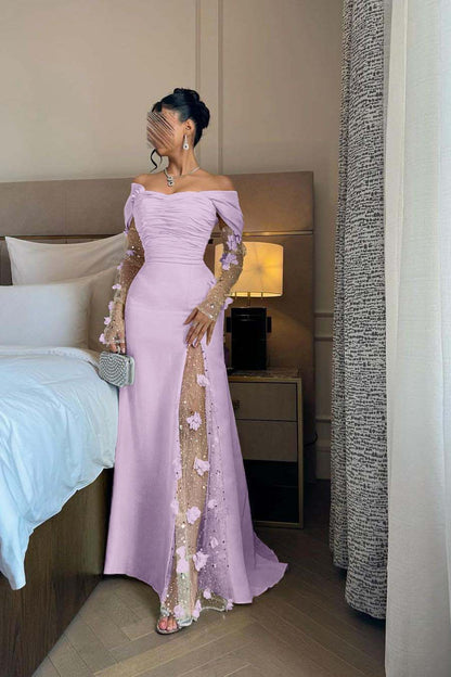 Chic Daffodil Satin Long Sleeves Off the Shoulder Pleated Prom Dress with Sequins