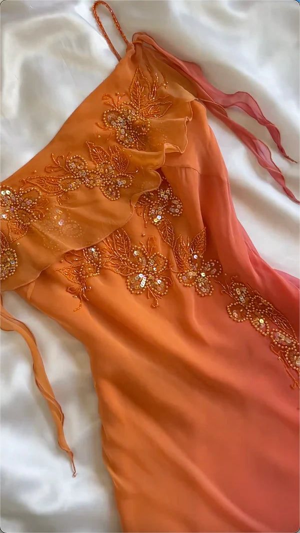 Orange Gradient Exquisite Beaded Spaghetti Strap Midi Chiffon Slim Ball Gown Evening Dress Party Dress Prom Dress SH3531