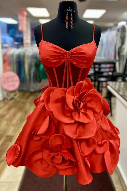 V-Neck Sleeveless Satin A-Line Florals Short Homecoming Dress