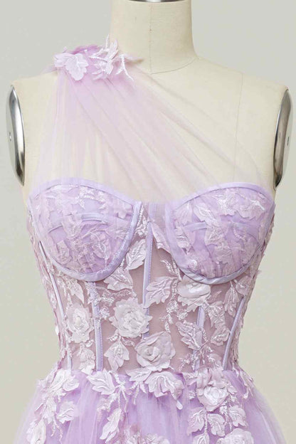 3D Floral One Shoulder Tulle A-Line Prom Party Dress