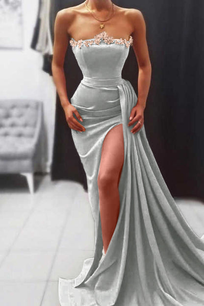 Orange Strapless Evening Dress Long Mermaid With Slit