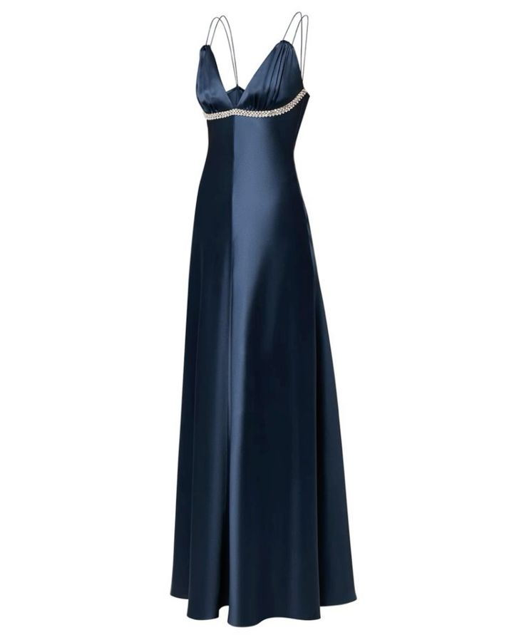 Dark Navy Straps A-Line Satin Long Party Dress Formal Evening Dress, D824