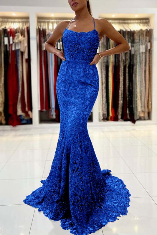 Gold Appliques Long Halter Straps Mermaid Evening Dress