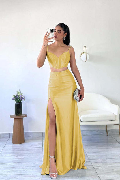 Simple Dark Green Satin Spaghetti Strap Sleeveless Long Prom Dress with Split