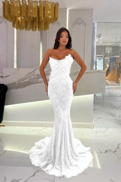 Gorgeous Strapless Sequins Mermaid Prom Dress With 3D-Blumen