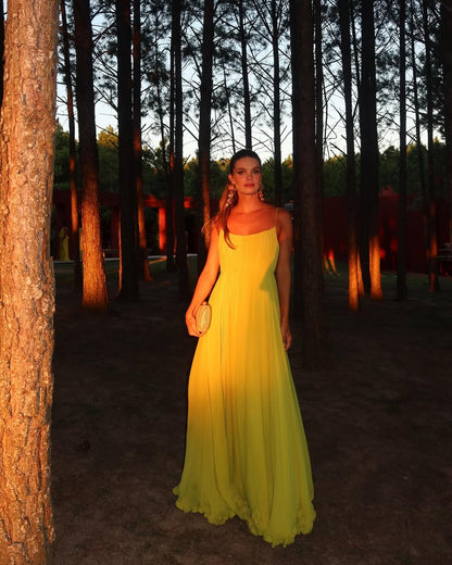Yellow Sleeveless Spaghetti Straps Square A-Line Prom Dress