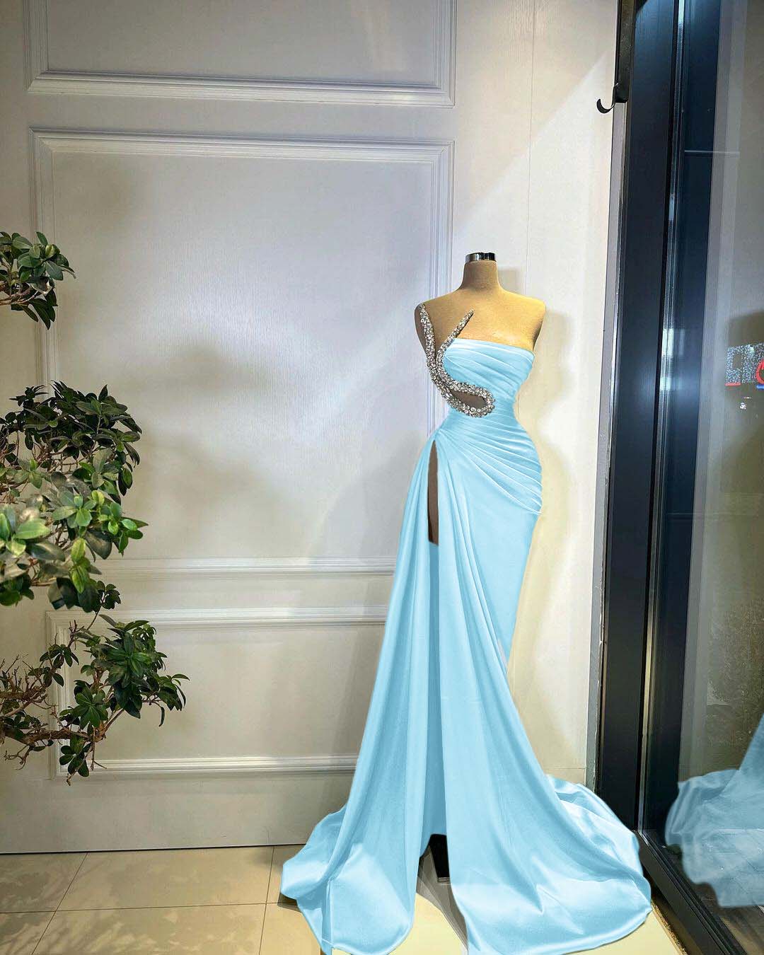 Green Strapless Pleated Long Beaded High Split Prom Dress