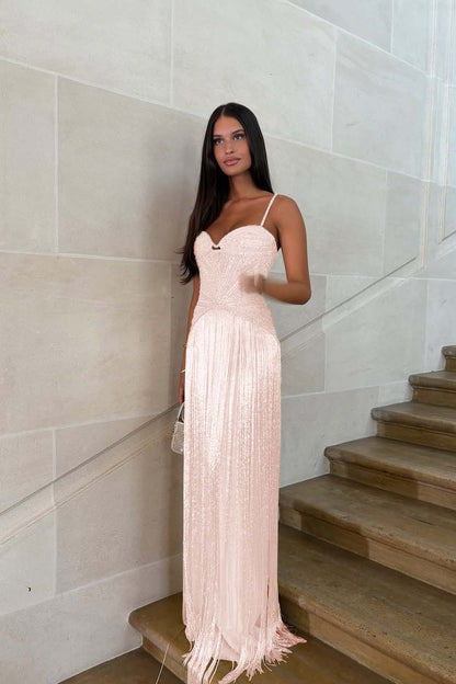 Elegant Sequin Fringe Long Sleeveless Prom Dress with Spaghetti Straps