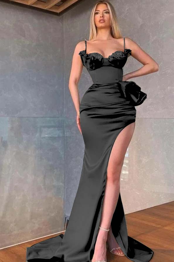 Dusty Sage Spaghetti-Straps Prom Dress Mermaid Split With Beadings Ruffles