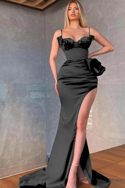 Dusty Sage Spaghetti-Straps Prom Dress Mermaid Split With Beadings Ruffles