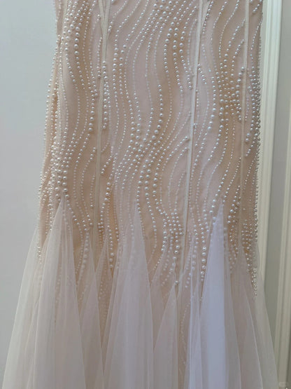 Elegant A-line Strap Pearl Tulle Long Prom Dress Evening Dress P4045