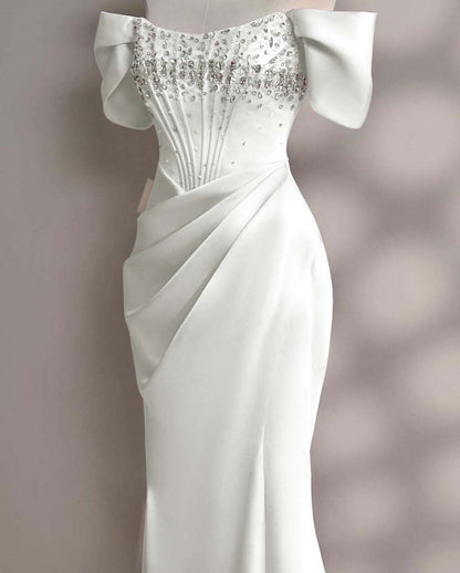 Blushing Pink A-Line Off-the-Shoulder Beads Prom Dress with Pleated