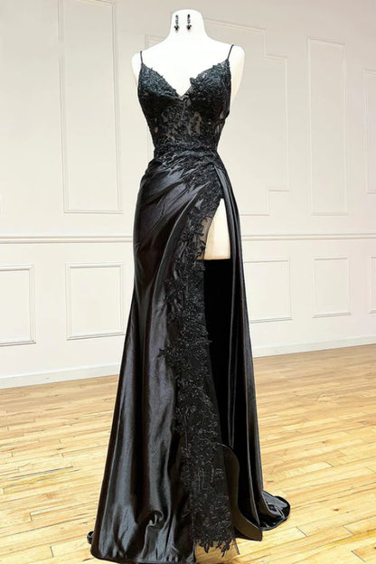 Black V Neck Spaghetti Strap Sleeveless Long Split Prom Dress with Embroidered