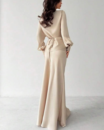 Glamorous Champagne Satin Long Sleeves Jewel Neck Slim Prom Dress