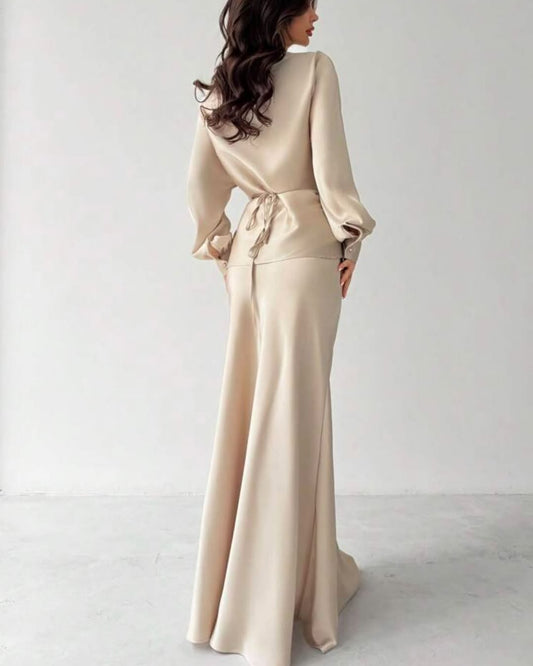 Glamorous Champagne Satin Long Sleeves Jewel Neck Slim Prom Dress