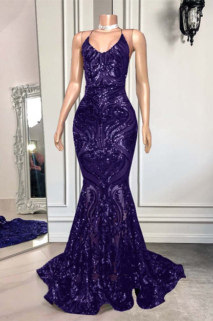 Mermaid Spaghetti-Straps Royal Blue Long Prom Dress With Sequins