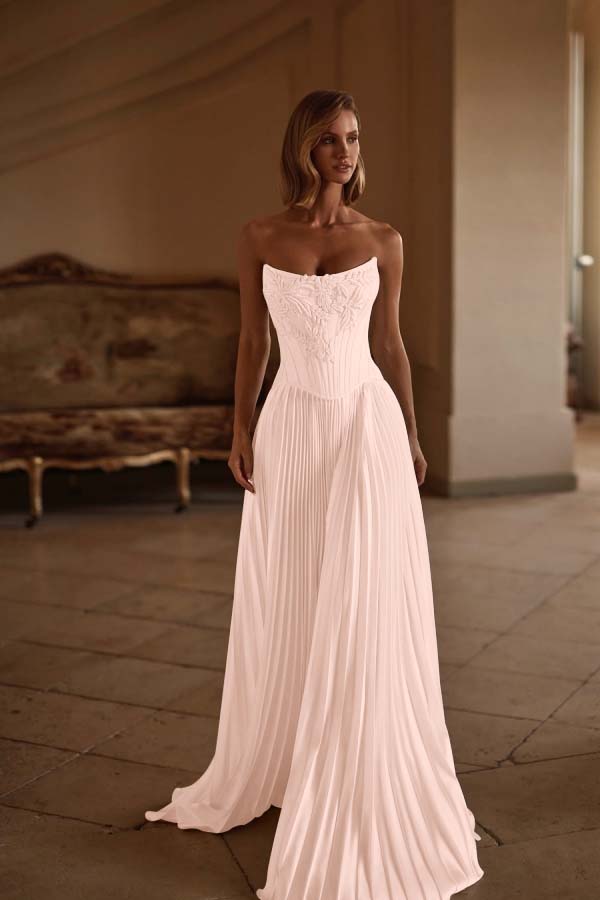 Exquisite White Satin Strapless Sleeveless Long Pleated Prom Dress with Applique