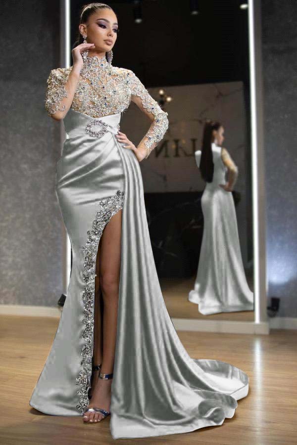 Royal Blue Long Sleeves Split Beadings Mermaid Prom Dress With Ruffles