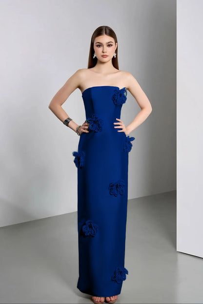 Elegant Ivory Strapless Evening Dress Column Floor Length in Satin with Flower