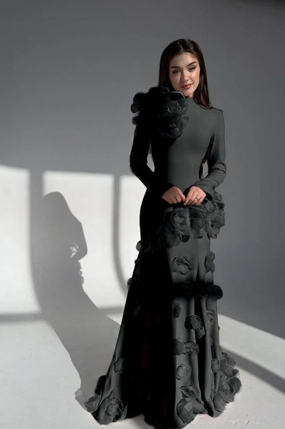 Elegant Long Sleeves Long Evening Dress With Handmade Flower
