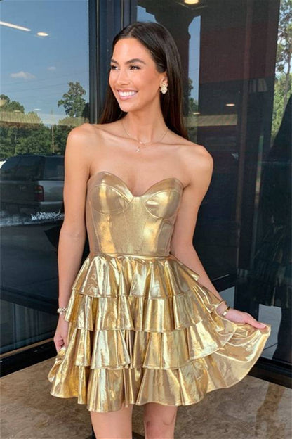 Metallic Gold Corset A-Line Layered Short Homecoming Dress