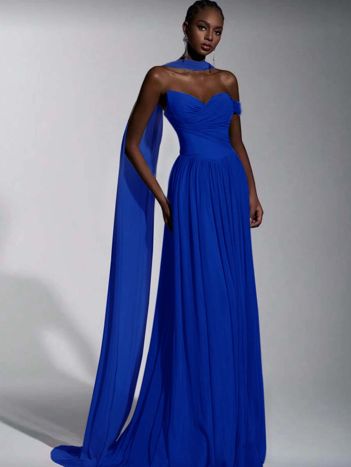 Dusty Blue One Shoulder Sweetheart Evenign Dress in Chiffon With Split