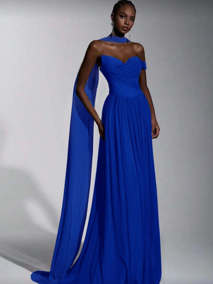 Dusty Blue One Shoulder Sweetheart Evenign Dress in Chiffon With Split